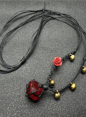 彼岸花暗黑风水晶原石吊坠红琉璃打磨手工编织颗调节网兜项链