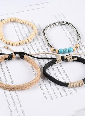 绿松石羽毛挂坠组合多层皮革手饰品休闲韩版时尚皮革手链外贸