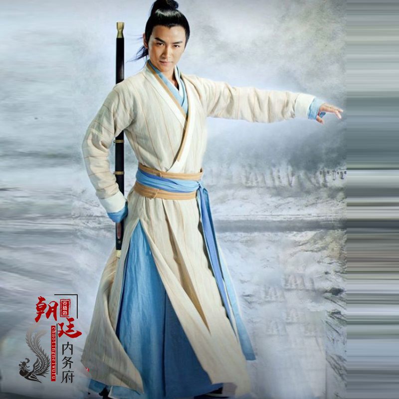 影视古装男侠客服剑客仙侠武侠同款棉麻小袖子男汉服演出服COS服 - 图1