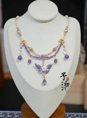 【紫鸢】天然珍珠紫蝶贝蝴蝶华丽精致紫色锁骨链耳环项链套装