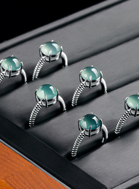 天然A货翡翠蓝水蛋面戒指冰种玉石时尚指环S925银镶女戒可调节