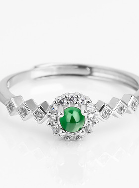 S925银镶嵌天然A货翡翠阳绿冰种玉石戒指时尚男士指环女款可调节