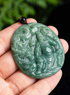 天然正品a货保真翡翠豆种神龙关公玉石吊坠挂件玉佩男士项链玉器