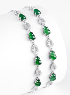 高档天然正品A货翡翠阳绿葫芦手链冰种玉石S925银镶女款时尚手饰