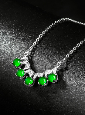 高档天然A货翡翠阳绿蛋面S925银镶吊坠冰种玉石女款时尚挂件套链