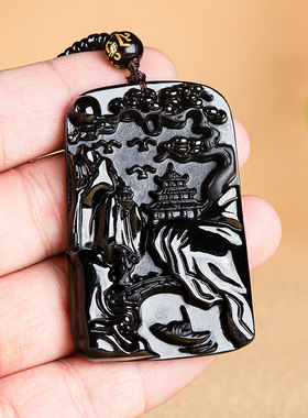 正品天然a货保真翡翠墨翠山水牌玉石吊坠挂件玉佩男女同款玉器