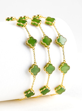 天然老料和田玉碧玉四叶草手链S925银镶手链玉石女款时尚高档送礼