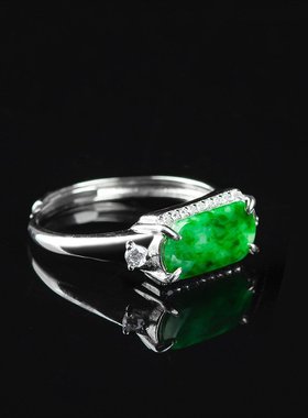 S925银镶嵌天然A货翡翠阳绿飘花冰种玉石戒指时尚女款指环可调节