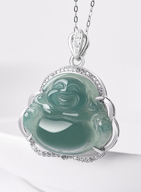 天然A货翡翠蓝水佛公弥勒佛吊坠S925银镶项链冰种玉石挂件女款