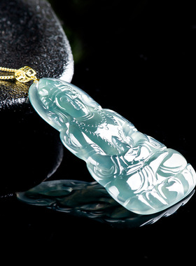 天然A货翡翠18K金扣头蓝水度母观音玉石吊坠冰种挂件高端男女款