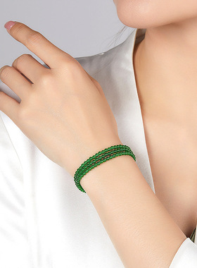 天然A货翡翠阳绿3mm小米珠玉珠项链冰种玉石三圈手链毛衣链女款