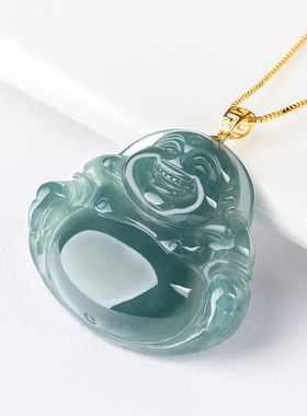 正品天然a货翡翠蓝水佛公18K金扣镶冰种玉石吊坠女款项链高档挂件