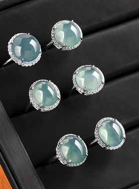 天然A货翡翠蓝水大蛋面戒指冰种玉石时尚指环S925银镶女戒可调节v