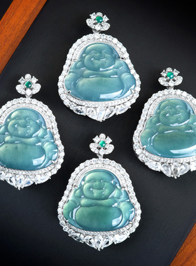 天然a货翡翠蓝水佛公S925银镶冰种玉石吊坠玉坠女款项链时尚挂件