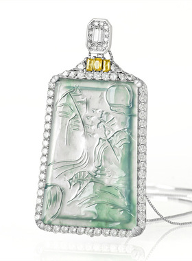 天然a货翡翠蓝水山水牌S925银镶冰种玉石吊坠玉坠男女款项链挂件