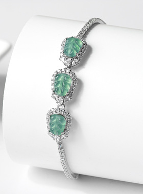 天然A货翡翠蓝水树叶叶子S925银镶手链冰种玉石女款时尚高档饰品