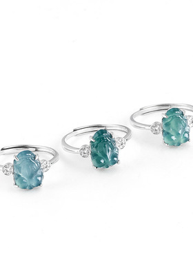 S925银镶嵌天然A货翡翠蓝水貔貅冰种玉石皮丘时尚指环女戒可调节