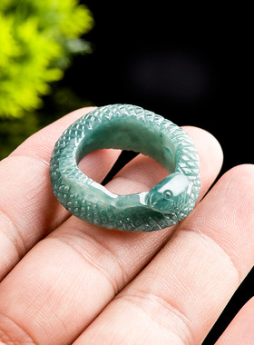 高档天然A货翡翠蓝水灵蛇戒指立体雕冰种玉石玉指环蛇扳指男女戒