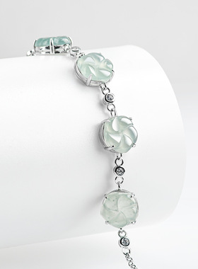 正品天然A货翡翠蓝水冰种梅花S925银镶手链玉石女款时尚高档手饰