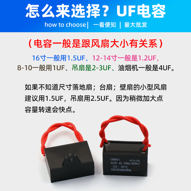 CBB61电风扇启动电容器落地通用1UF/2/5台扇上的起动家用吊扇专用