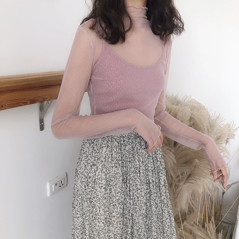 顺夏旗舰店秋季新款很仙的圆点网纱打底衫女长袖百搭蕾丝透视内搭薄纱上衣潮1