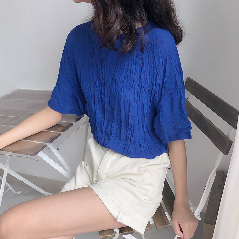 顺夏旗舰店夏新款韩版褶皱雪纺衫女遮肚子宽松显瘦短袖小衫蓝色网红上衣0