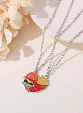 情侣项链美式薯条汉堡拼接吊坠