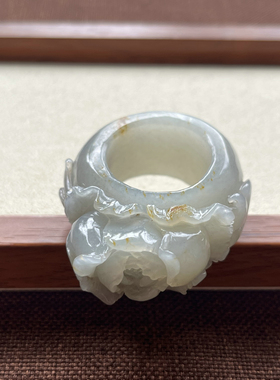 【富贵花开】和田玉青花籽料戒指扳指真皮真毛孔附证书
