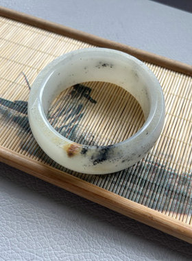 【春庭月】和田玉籽料手镯三色青花籽料雕花黑白分明原皮带毛孔