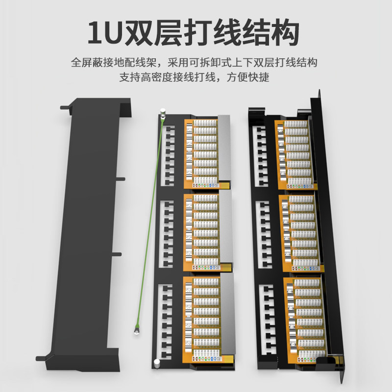 浙华 1U48口网络配线架防尘防雷接地屏蔽配线架cat6a超五类CAT5E网络跳线架机柜理线架_虎窝淘