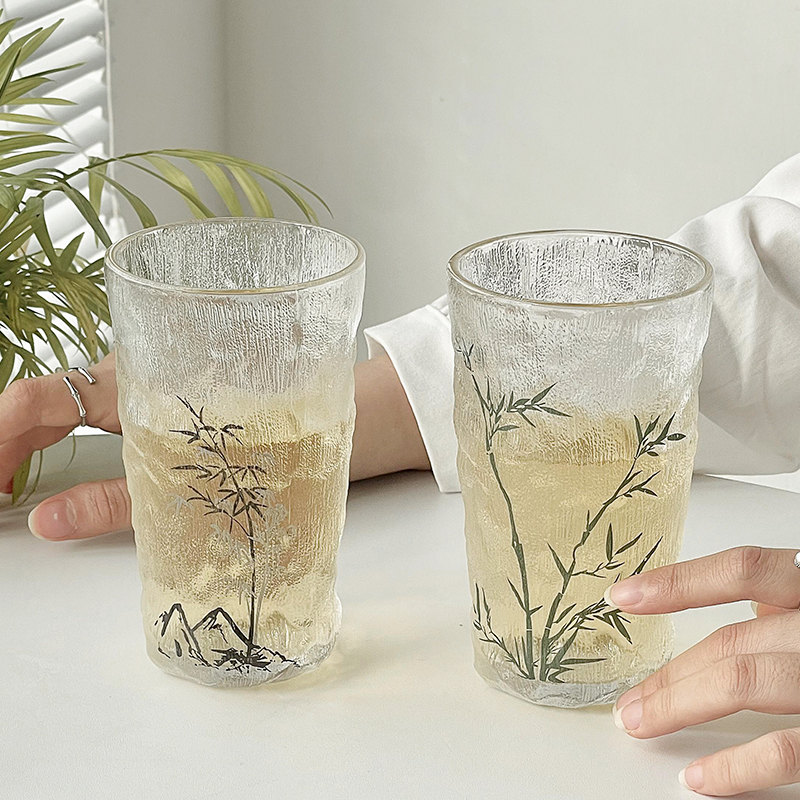 小众复古水墨竹冰川玻璃杯高颜值设计感家用喝水杯子泡茶杯咖啡杯