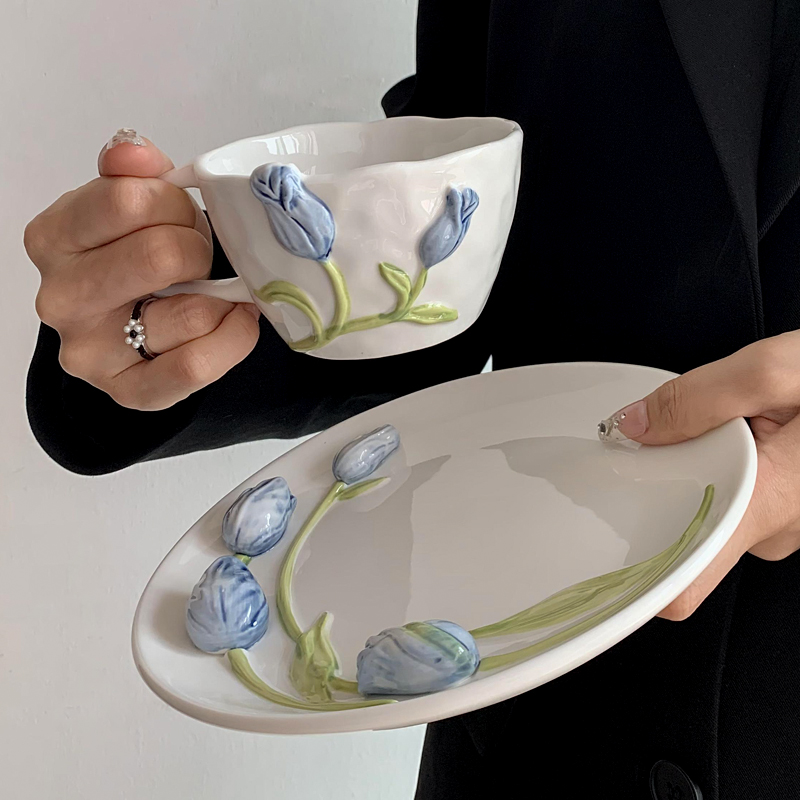 郁金香陶瓷马克杯设计感立体浮雕水杯带把咖啡杯复古家用喝水杯子 - 图2