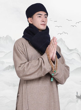 新款僧帽师父僧人圆顶中国风加绒棉帽毛绒出家居士帽双层和尚围脖