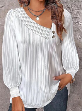 Boho Women's White Blouse Tops Autumn Casual Simple V-neck B