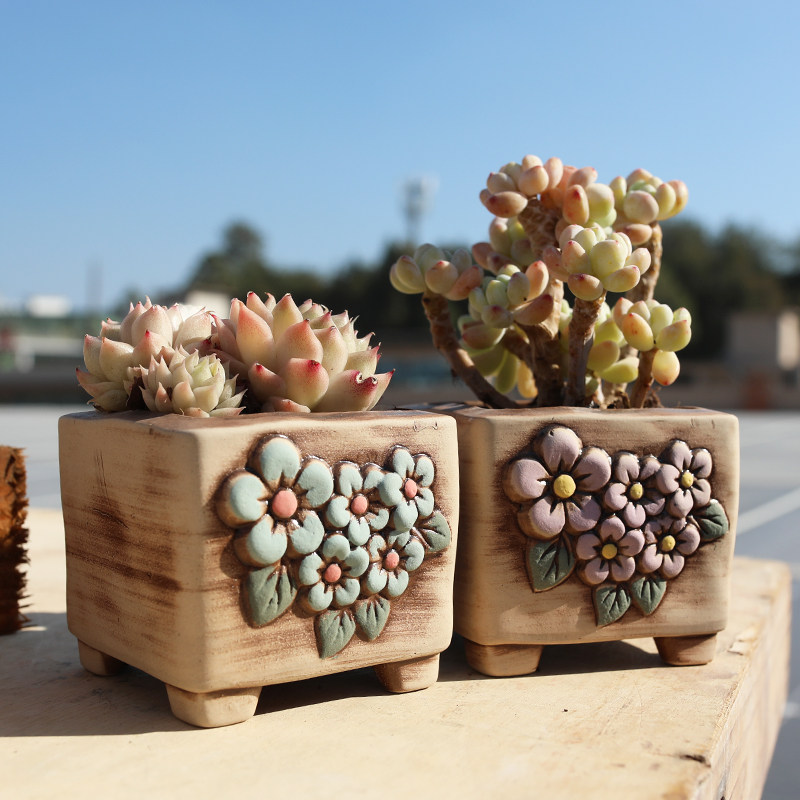 多肉花盆陶瓷韩式四方素烧做旧手绘桌面复古粗陶透气创意个性花器,淘宝优惠券,粉丝福利购,淘宝优惠卷