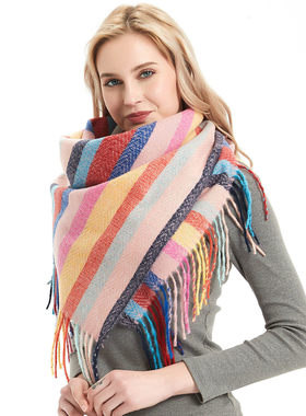 Loop Yarn Stripe Pattern Long Tassel Bristle Square Scarf