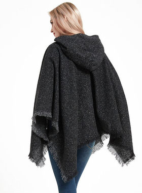 Women's Shawl With Flower Pure Black Pullover Hooded Poncho