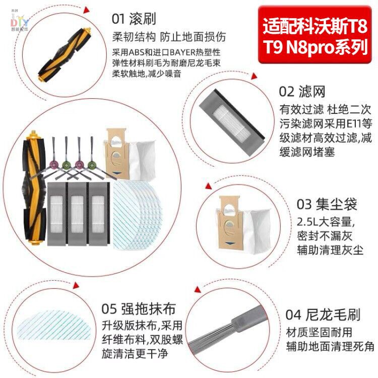 适配科沃斯扫地机器人配件T8MAX/N8pro/T9AIVI滤网滚刷抹拖布边刷 - 图2