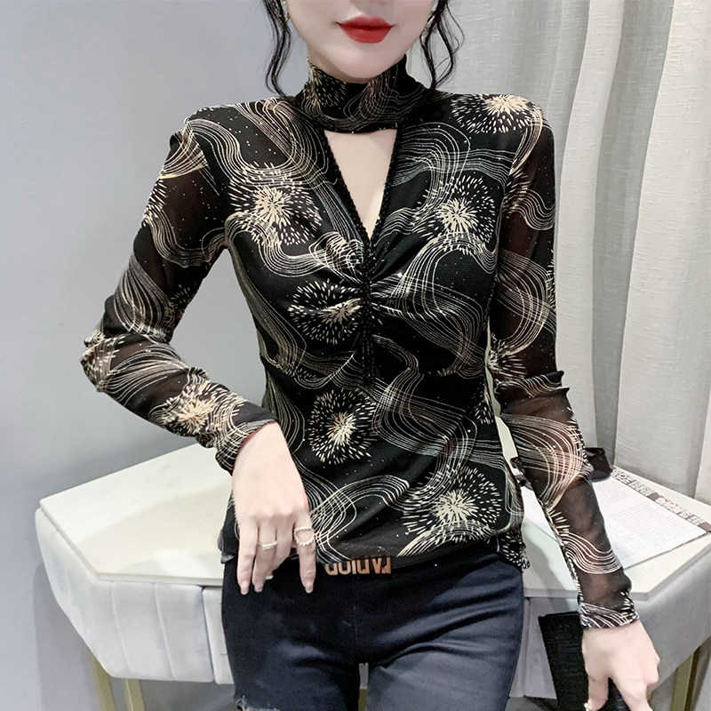 性感镂空V领钉珠T恤女长袖欧货豹纹网纱上衣紧身内搭加绒打底衫潮,淘宝优惠券,粉丝福利购,淘宝优惠卷