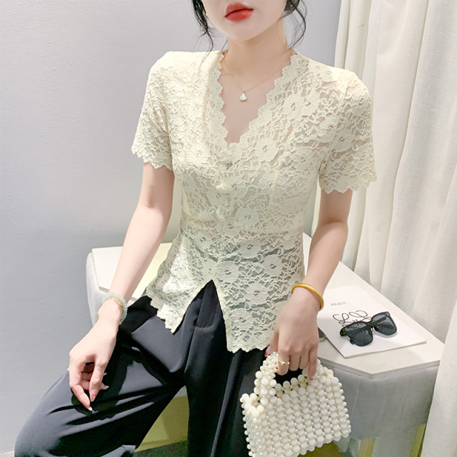 European Sexy Hollow Lace Shirt ເສື້ອແຂນສັ້ນ ທາງເທິງ
