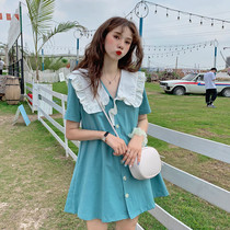 Summer new mid-length version of reduced age T-shirt Skirt Agaric Side Short Sleeve Undershirt Woman Single Row Buttoned and Sweet Blouse