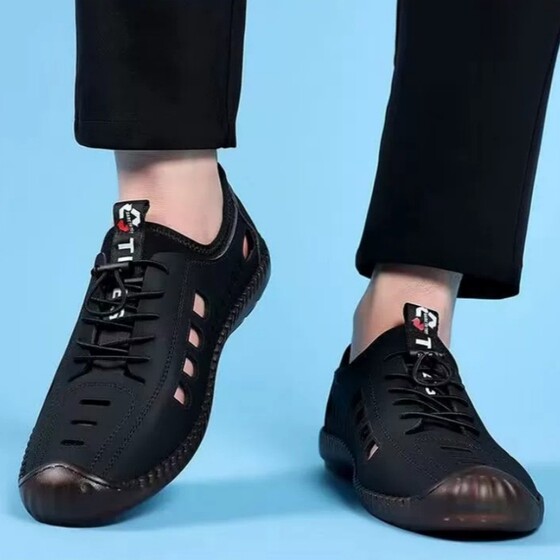 Leather sandals, soft sole dad shoes, hollow toe clogs