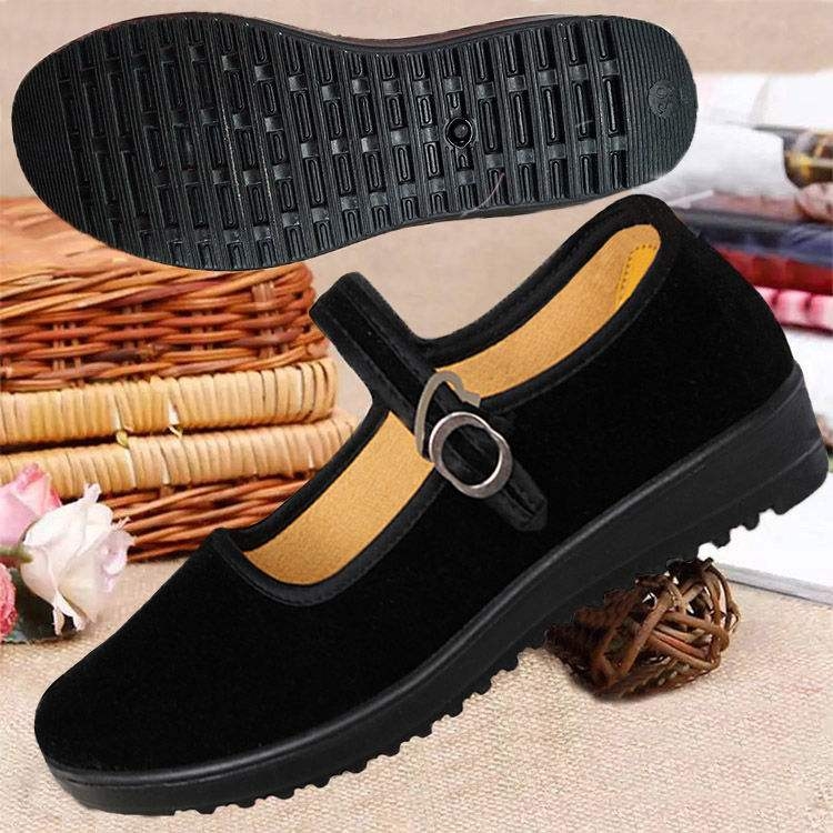 老北京布鞋女鞋不累脚软底女单鞋酒店工作鞋黑色一字带妈妈跳舞鞋