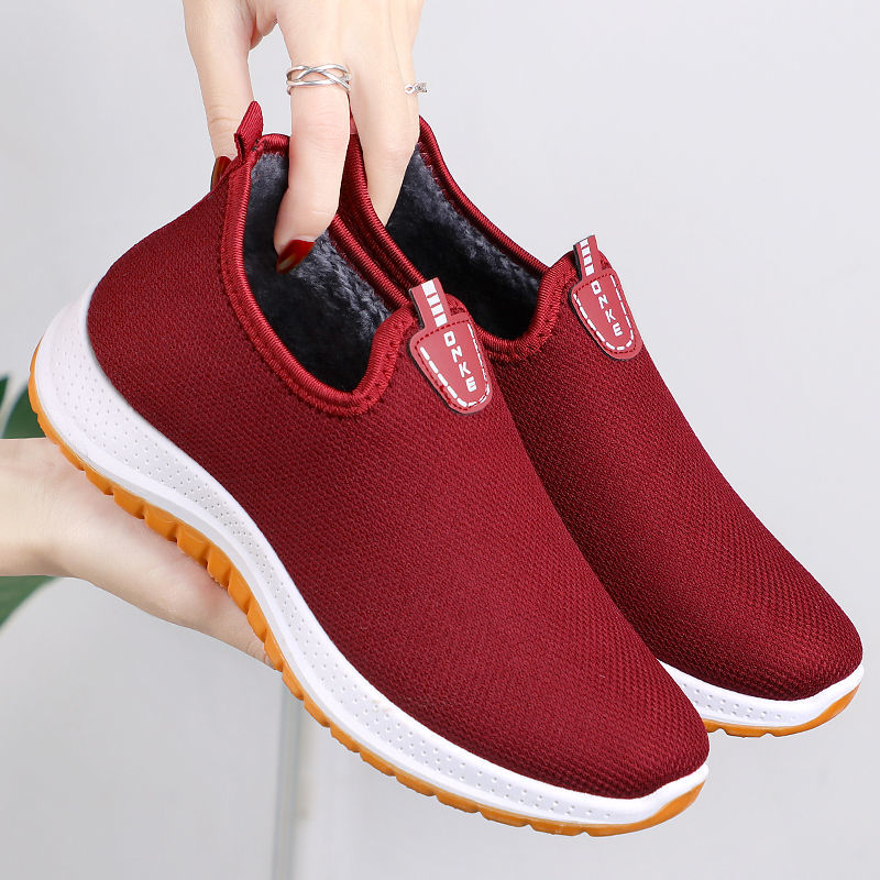 冬季加绒加厚老北京布鞋女士棉鞋中老年保暖棉靴一脚蹬防滑妈妈鞋 - 图0