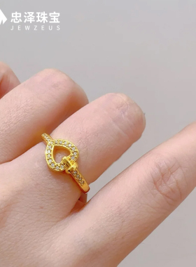 5D黄金爱心戒指女999足金点钻镶嵌心形指环纯金食指戒送女友礼物