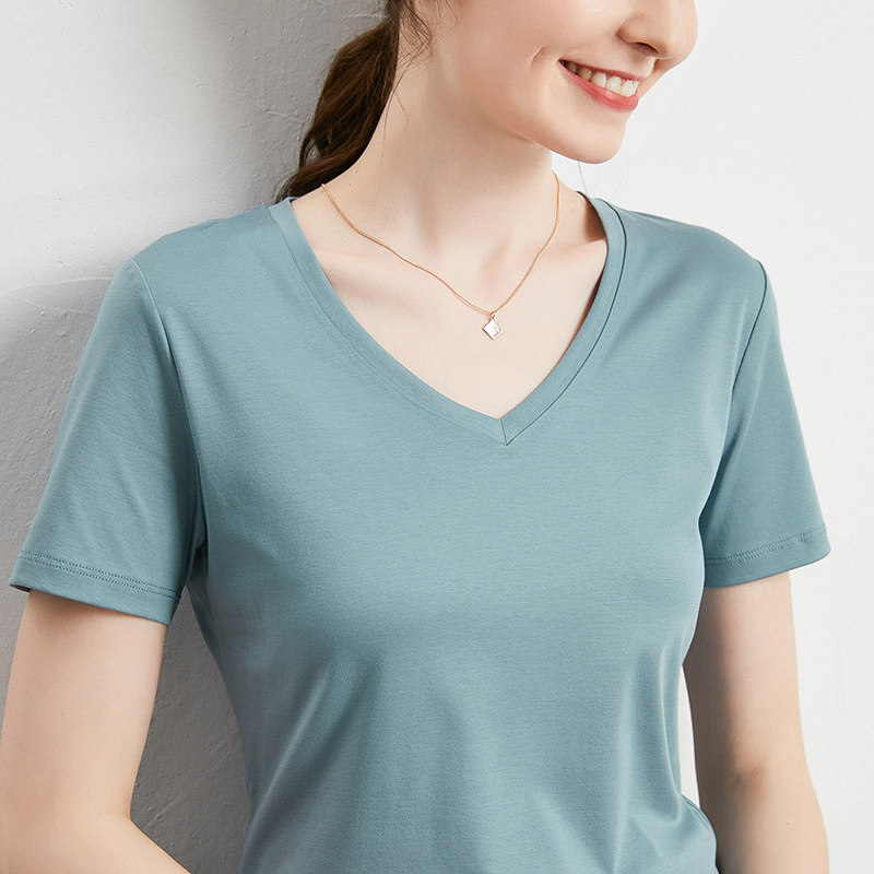定制丝光棉v领t恤女2020春夏新款 祥绒腾跃T恤