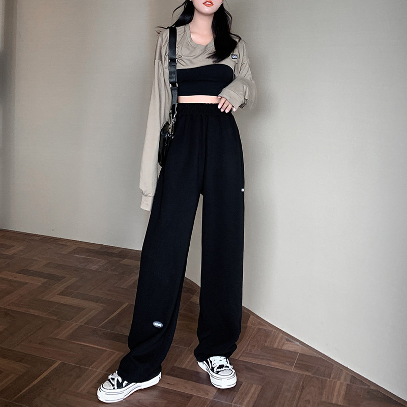 灰色束脚宽松直筒秋冬季高腰运动裤 怡塔芙休闲裤