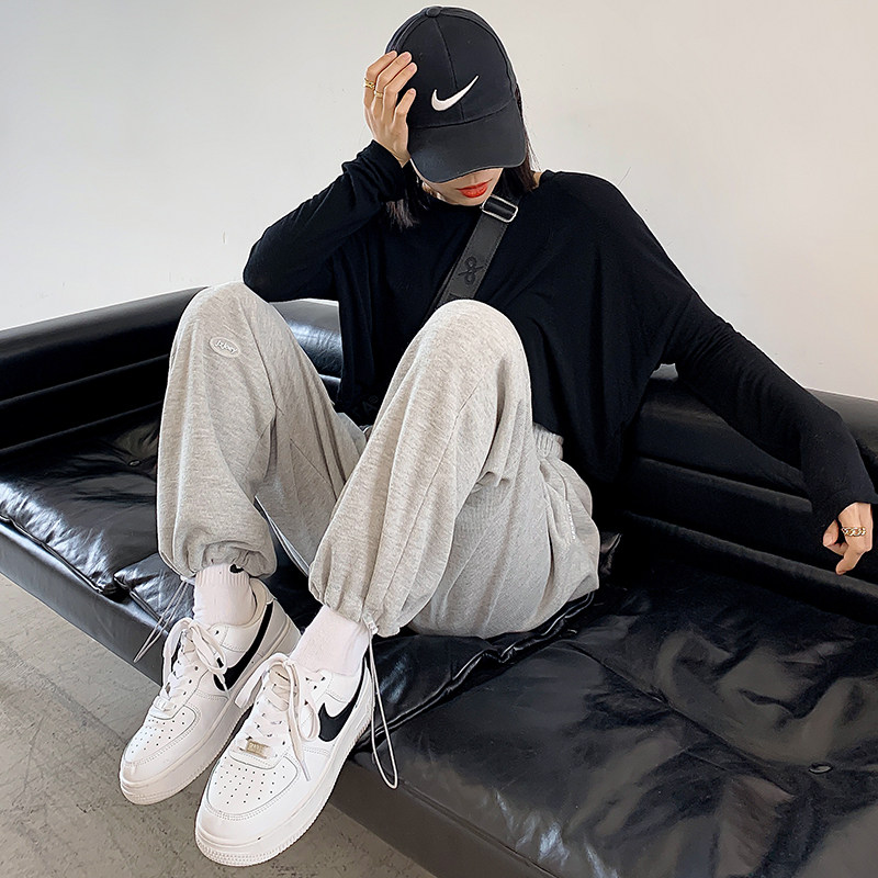 灰色束脚宽松直筒秋冬季高腰运动裤 怡塔芙休闲裤