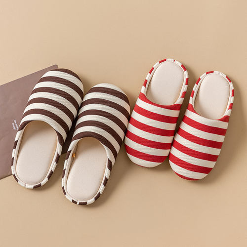 棉拖鞋女冬季情侣室内居家包头软底防滑加绒保暖简约条纹毛毛鞋男 - 图2