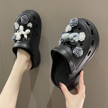 Heightening Croc Shoes Cartoon Women Violent Bear Fashionable Summer Outerwear Non-slip Pancake Thick Soled Baotou Beach Sandals